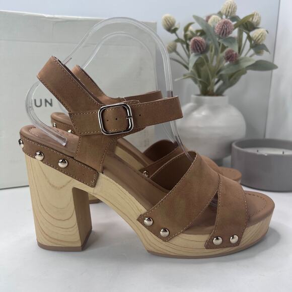 Sun + Stone Delestep Faux Leather Ankle Strap Block Heels Cognac Womens 10M NWB - Picture 3 of 11